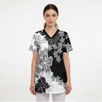 Gray Scale Hibiscus Plumeria Floral Scrub Top - Polynesian Pride