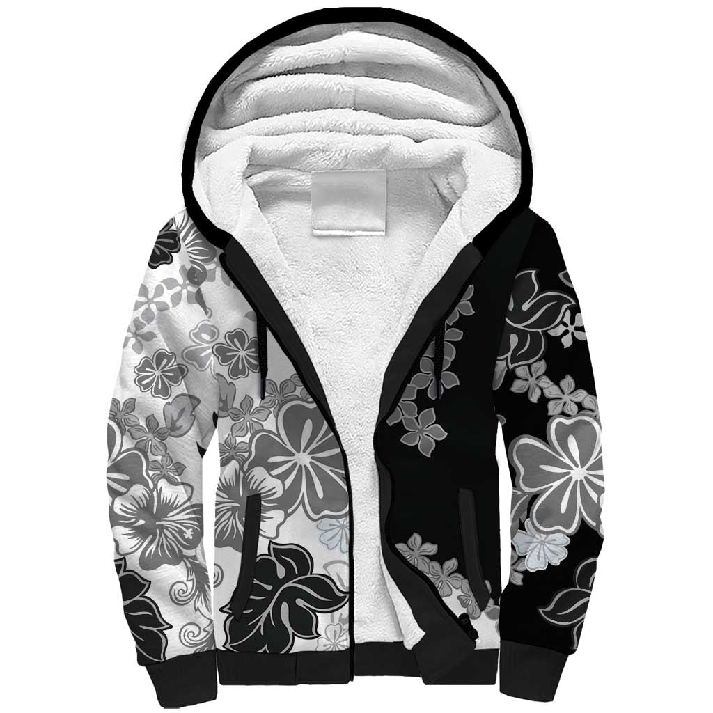 Gray Scale Hibiscus Plumeria Floral Sherpa Hoodie - Polynesian Pride