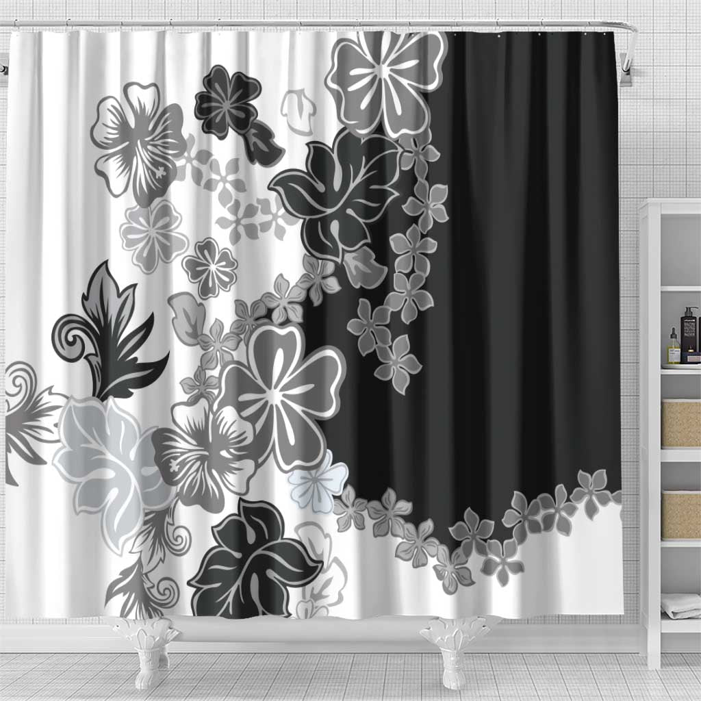 Gray Scale Hibiscus Plumeria Floral Shower Curtain - Polynesian Pride