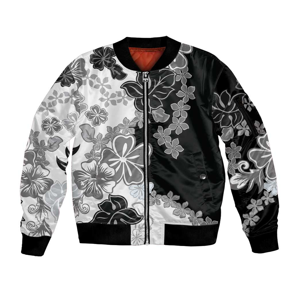 Gray Scale Hibiscus Plumeria Floral Sleeve Zip Bomber Jacket - Polynesian Pride