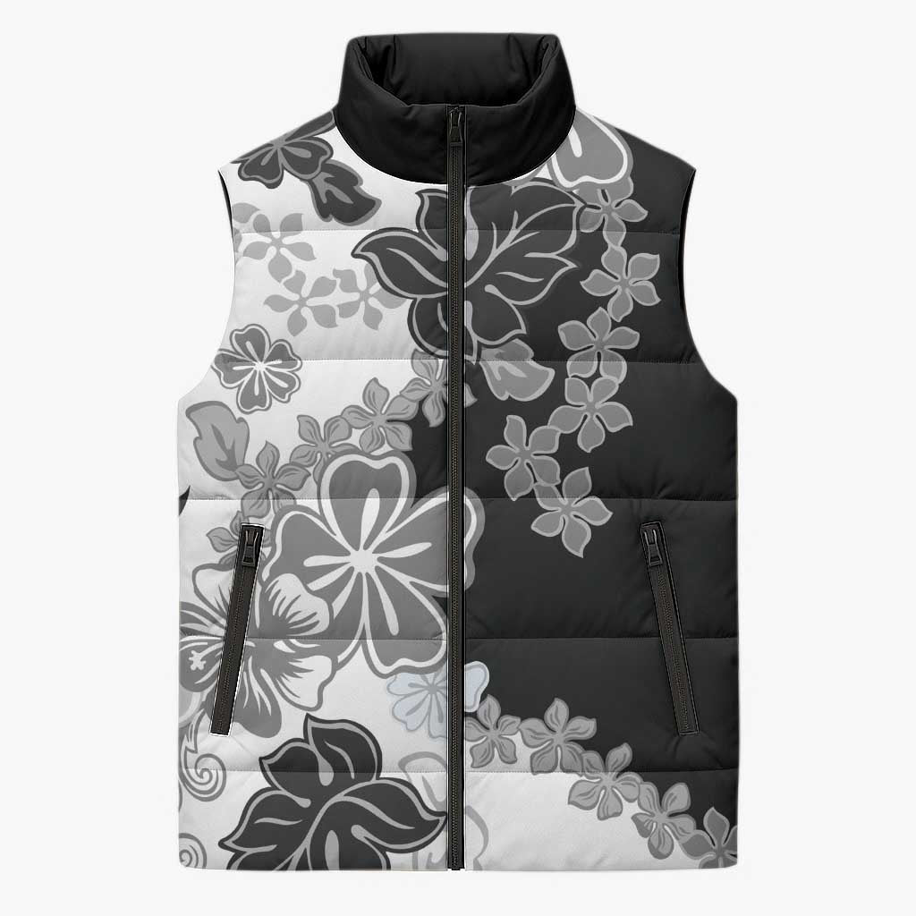 Gray Scale Hibiscus Plumeria Floral Sleeveless Puffer Jacket - Polynesian Pride