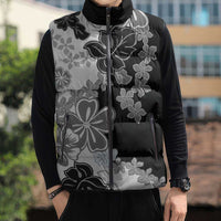 Gray Scale Hibiscus Plumeria Floral Sleeveless Puffer Jacket - Polynesian Pride