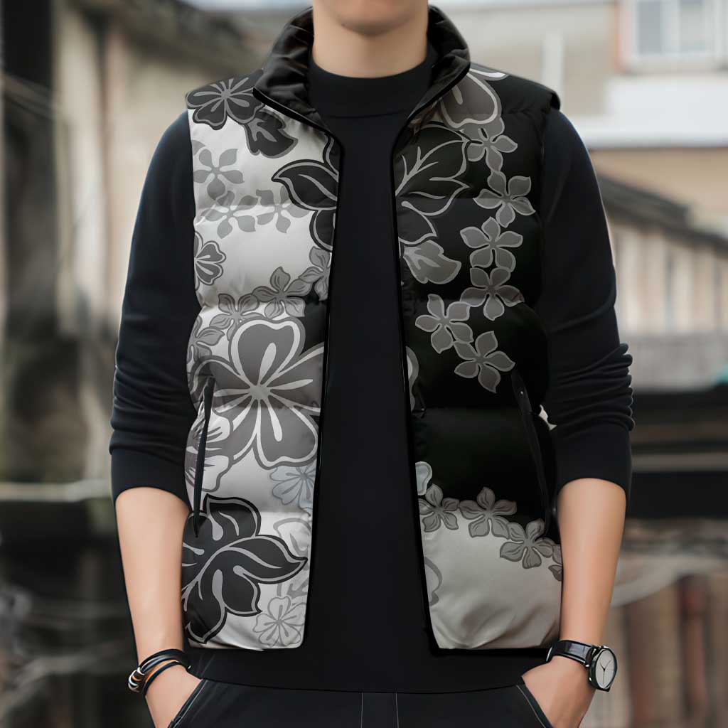 Gray Scale Hibiscus Plumeria Floral Sleeveless Puffer Jacket - Polynesian Pride