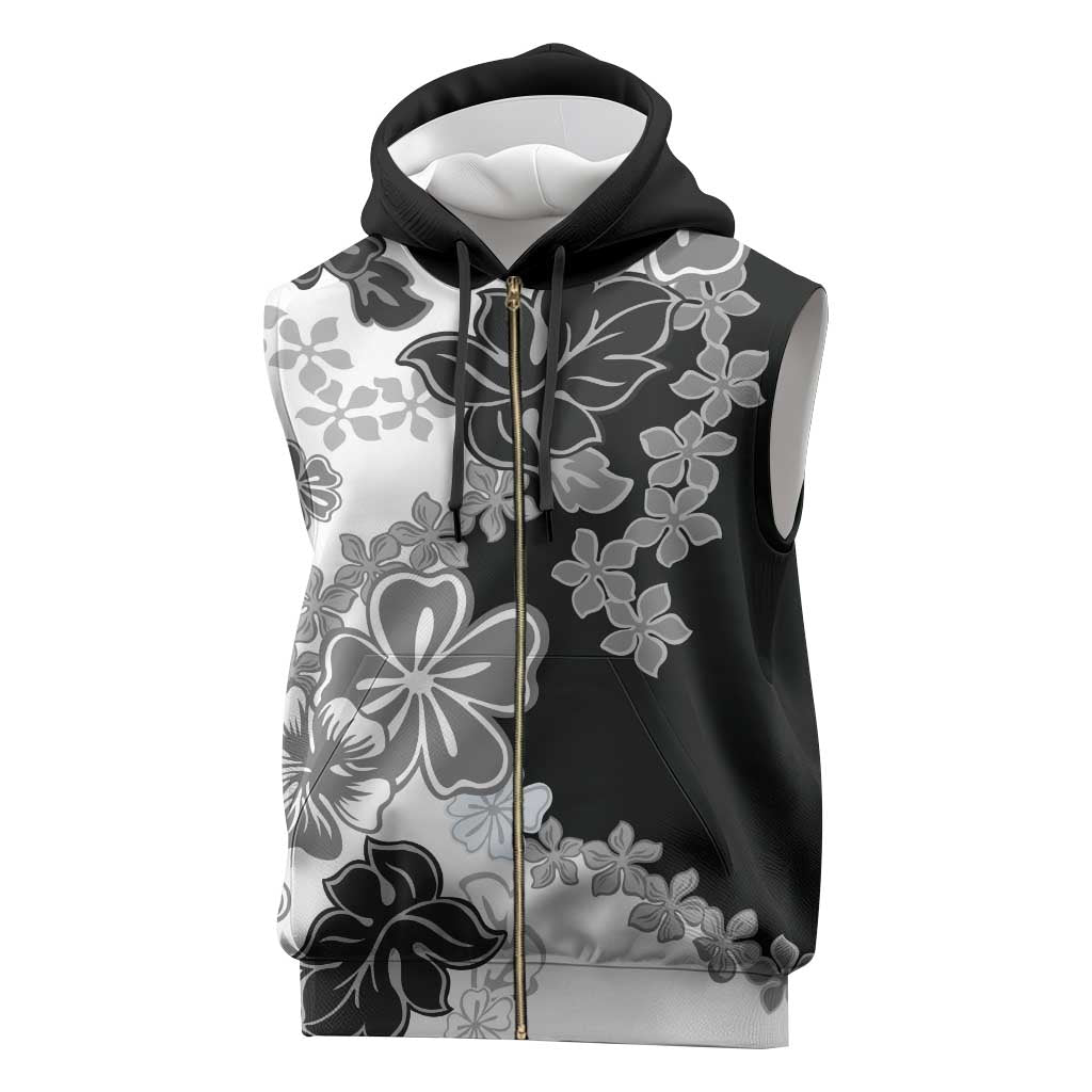 Gray Scale Hibiscus Plumeria Floral Sleeveless Zip Hoodie - Polynesian Pride