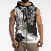 Gray Scale Hibiscus Plumeria Floral Sleeveless Zip Hoodie - Polynesian Pride