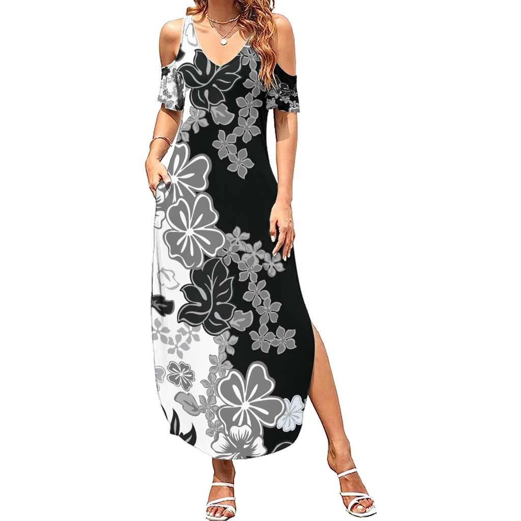 Gray Scale Hibiscus Plumeria Floral Summer Maxi Dress - Polynesian Pride
