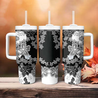 Gray Scale Hibiscus Plumeria Floral Tumbler With Handle - Polynesian Pride