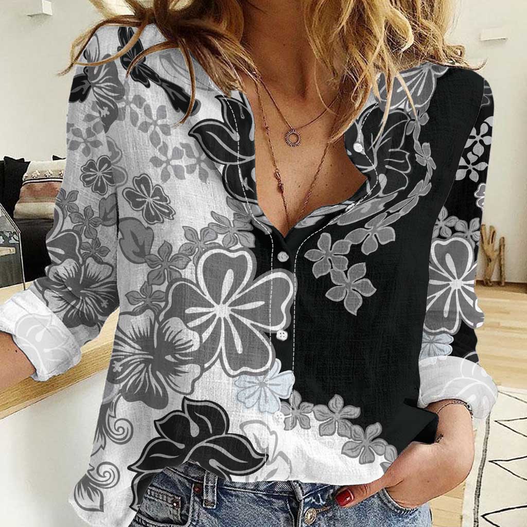 Gray Scale Hibiscus Plumeria Floral Women Casual Shirt LT01 Female Black - Polynesian Pride