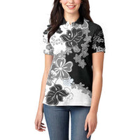 Gray Scale Hibiscus Plumeria Floral Women Polo Shirt - Polynesian Pride