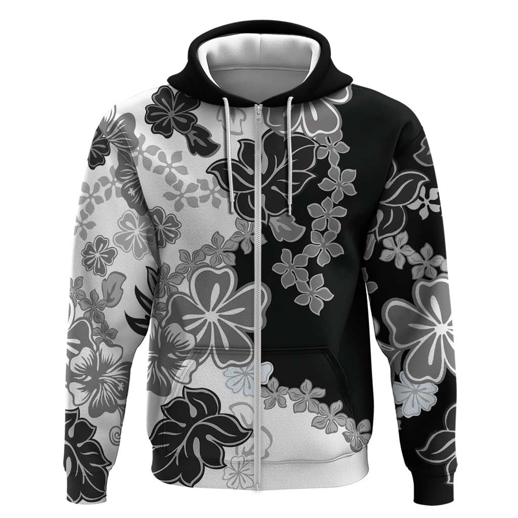 Gray Scale Hibiscus Plumeria Floral Zip Hoodie - Polynesian Pride