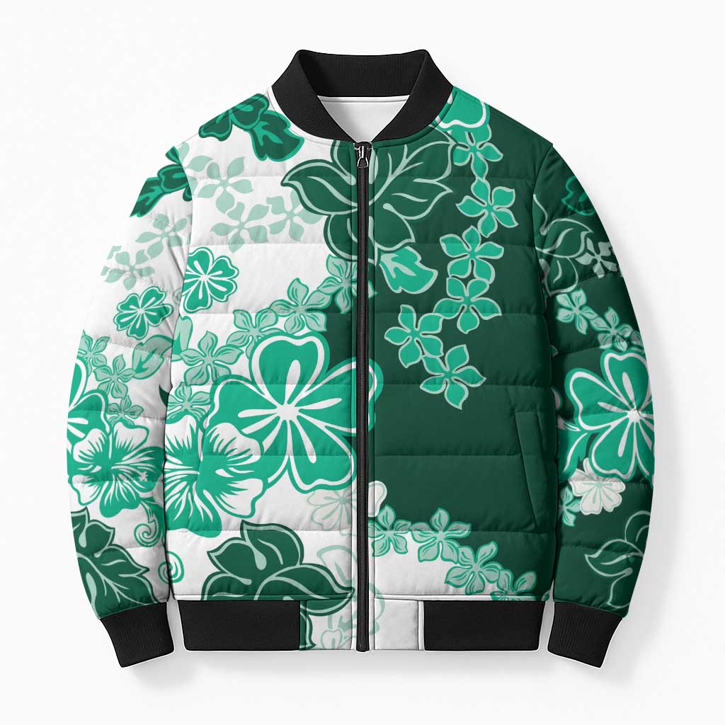 Green Hibiscus Plumeria Floral Bomber Puffer Jacket - Polynesian Pride