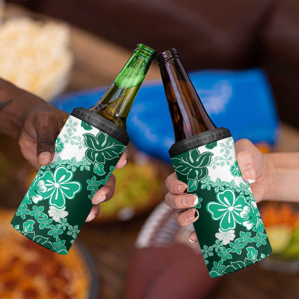 Green Hibiscus Plumeria Floral 4 in 1 Can Cooler Tumbler - Polynesian Pride