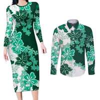 Green Hibiscus Plumeria Floral Couples Matching Long Sleeve Bodycon Dress and Long Sleeve Button Shirt LT01 Green - Polynesian Pride