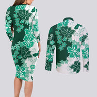 Green Hibiscus Plumeria Floral Couples Matching Long Sleeve Bodycon Dress and Long Sleeve Button Shirt LT01 - Polynesian Pride