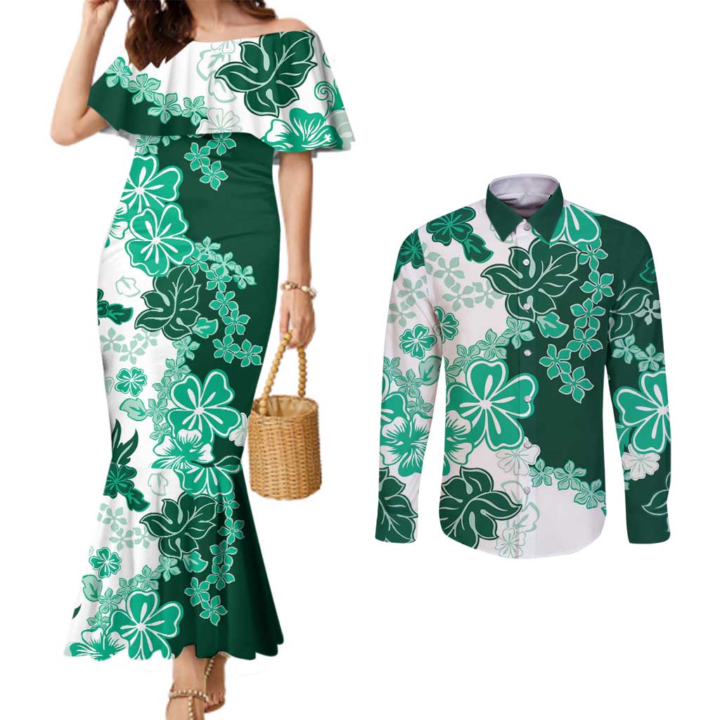 Green Hibiscus Plumeria Floral Couples Matching Mermaid Dress and Long Sleeve Button Shirt - Polynesian Pride