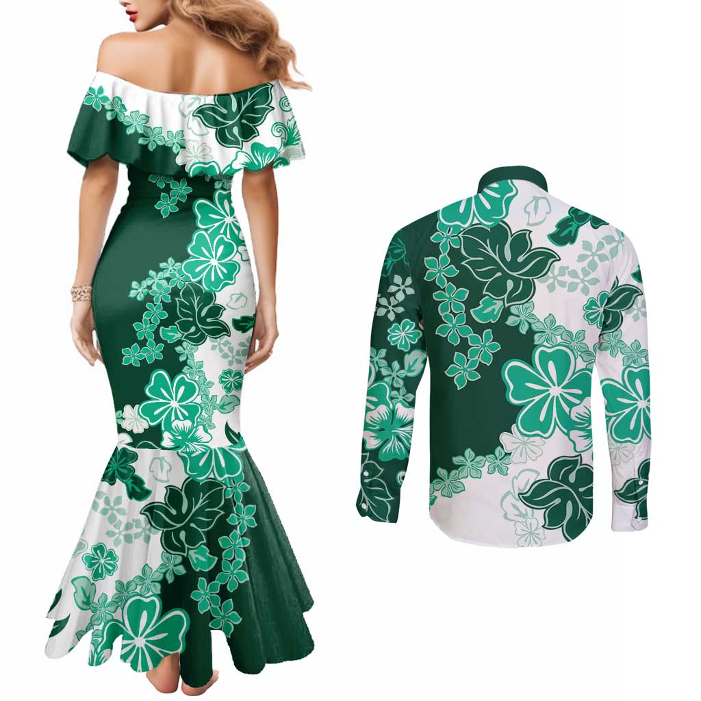 Green Hibiscus Plumeria Floral Couples Matching Mermaid Dress and Long Sleeve Button Shirt - Polynesian Pride