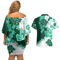 Green Hibiscus Plumeria Floral Couples Matching Off Shoulder Short Dress and Hawaiian Shirt - Polynesian Pride