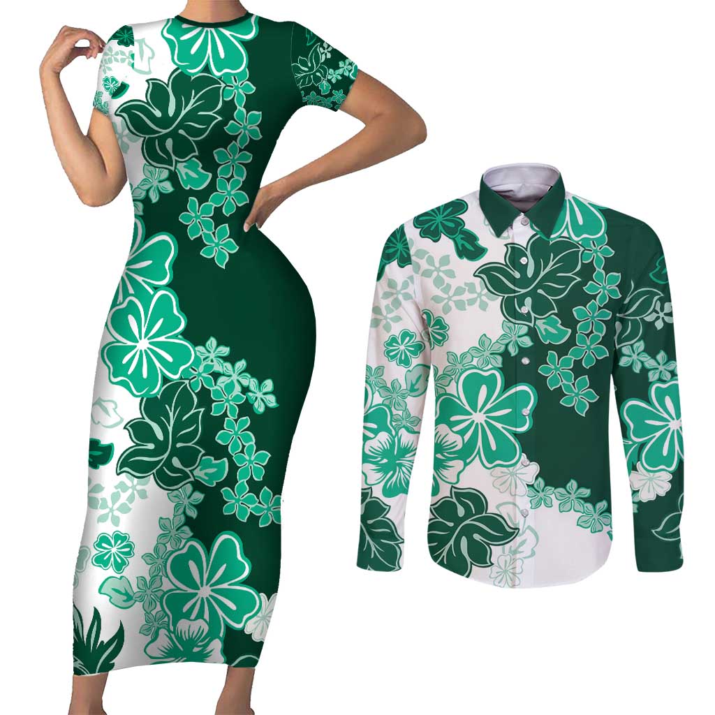 Green Hibiscus Plumeria Floral Couples Matching Short Sleeve Bodycon Dress and Long Sleeve Button Shirt LT01 Green - Polynesian Pride
