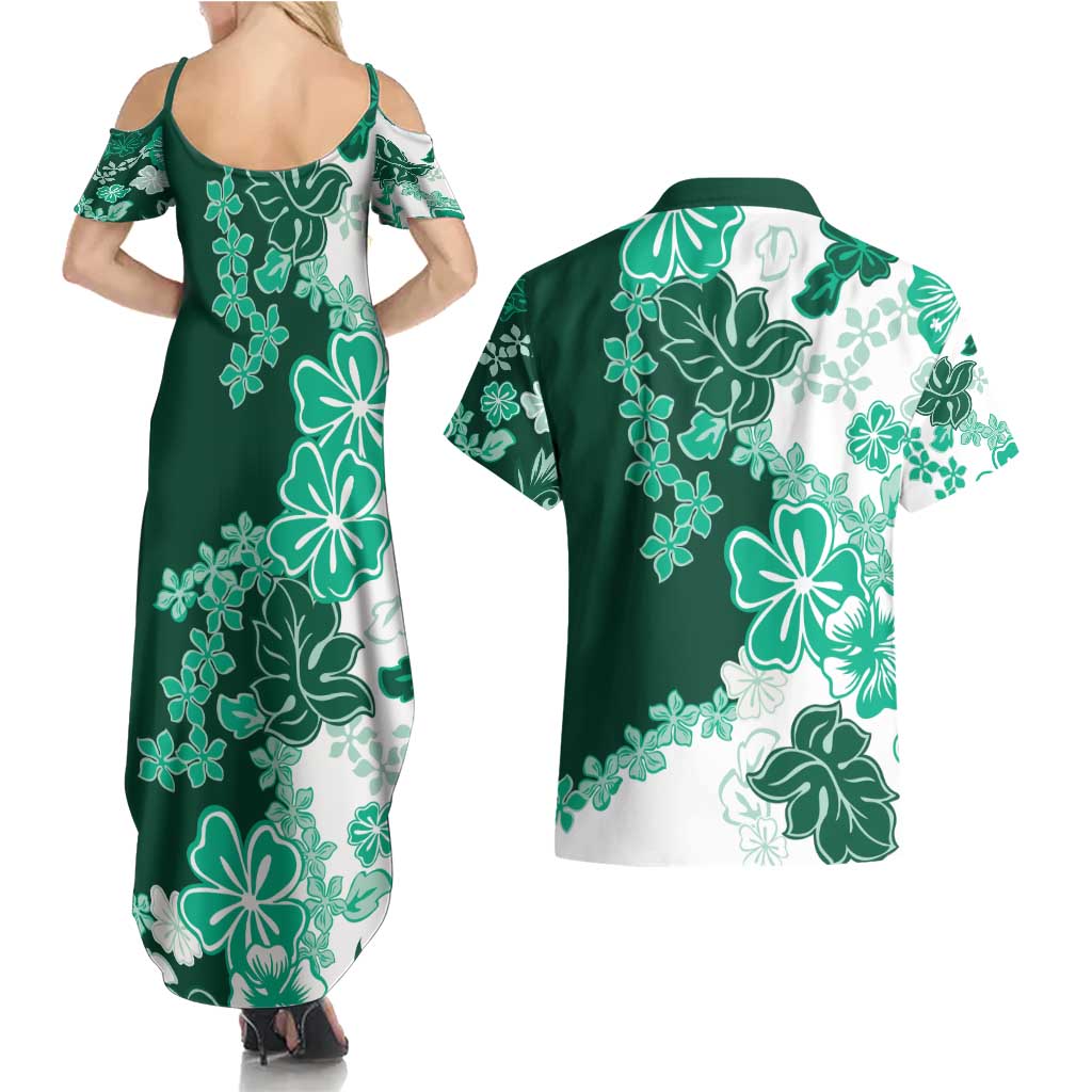 Green Hibiscus Plumeria Floral Couples Matching Summer Maxi Dress and Hawaiian Shirt - Polynesian Pride