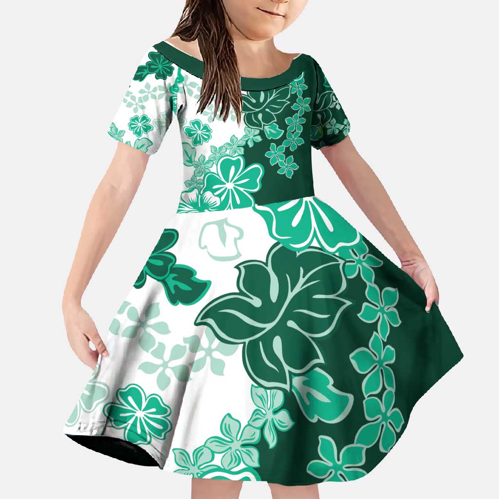 Green Hibiscus Plumeria Floral Family Matching Long Sleeve Bodycon Dress and Hawaiian Shirt - Polynesian Pride