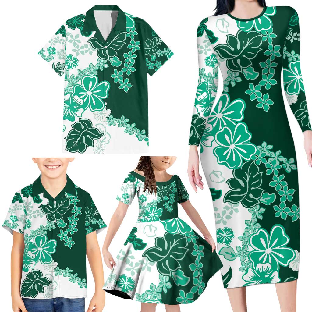 Green Hibiscus Plumeria Floral Family Matching Long Sleeve Bodycon Dress and Hawaiian Shirt - Polynesian Pride