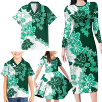 Green Hibiscus Plumeria Floral Family Matching Long Sleeve Bodycon Dress and Hawaiian Shirt - Polynesian Pride