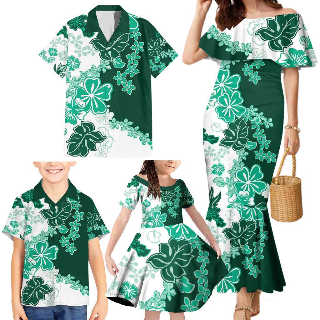 Green Hibiscus Plumeria Floral Family Matching Mermaid Dress and Hawaiian Shirt - Polynesian Pride