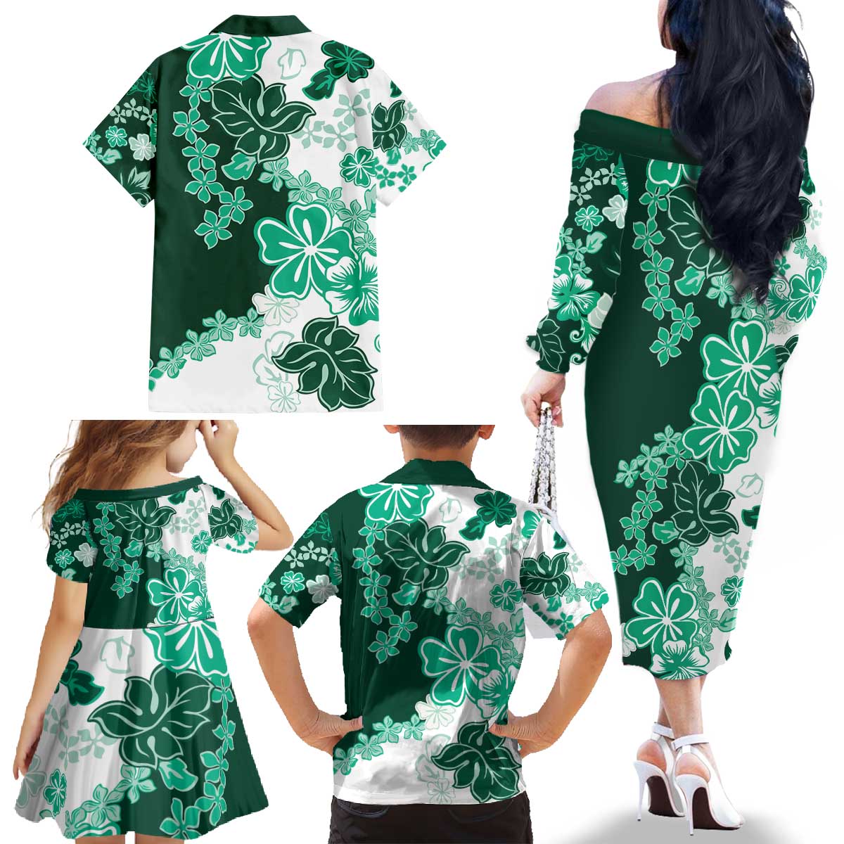 Green Hibiscus Plumeria Floral Family Matching Off The Shoulder Long Sleeve Dress and Hawaiian Shirt - Polynesian Pride