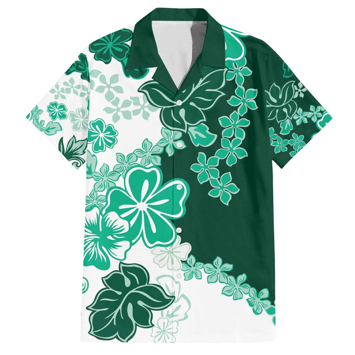 Green Hibiscus Plumeria Floral Family Matching Off The Shoulder Long Sleeve Dress and Hawaiian Shirt - Polynesian Pride