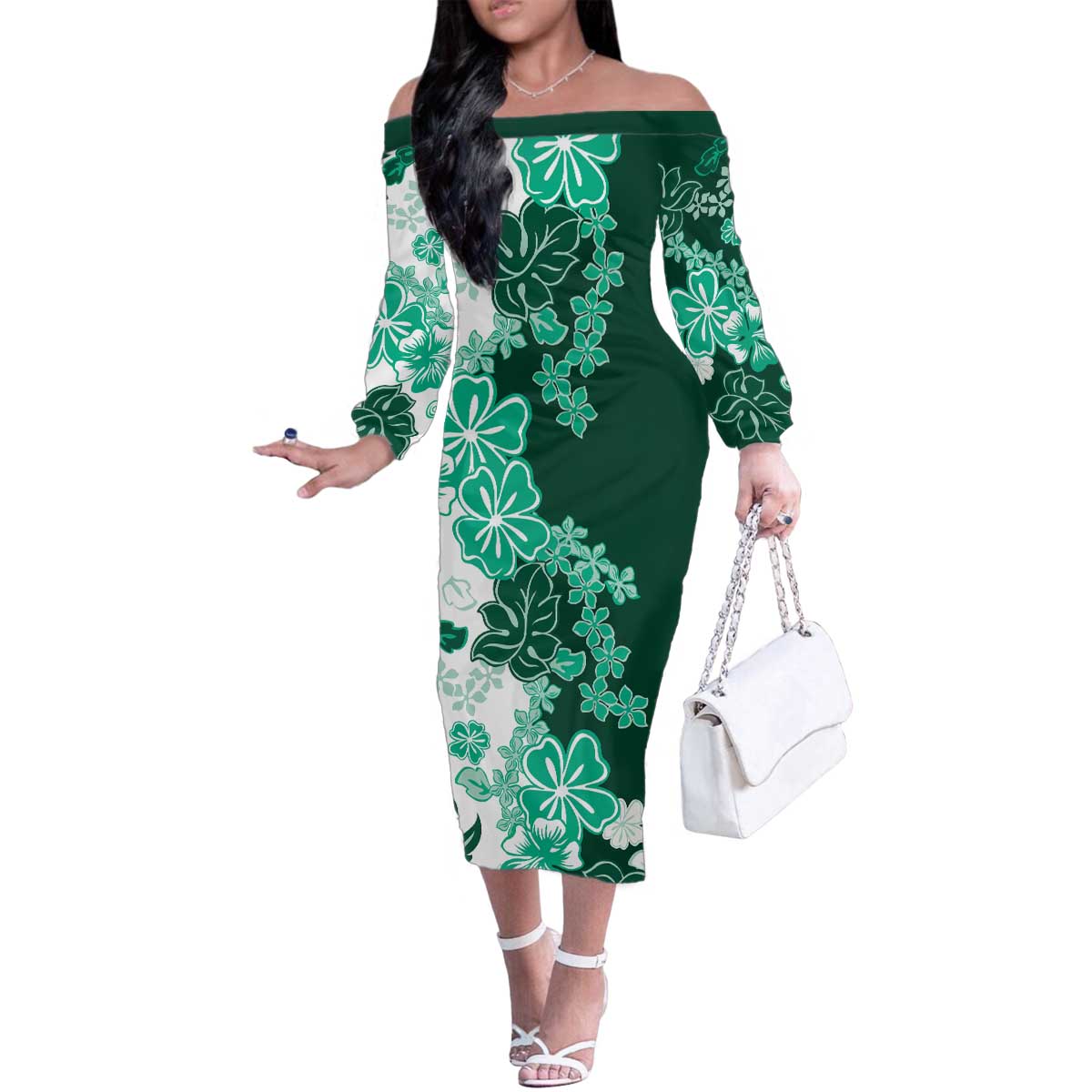 Green Hibiscus Plumeria Floral Family Matching Off The Shoulder Long Sleeve Dress and Hawaiian Shirt - Polynesian Pride