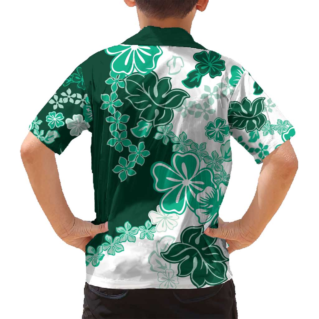 Green Hibiscus Plumeria Floral Family Matching Off Shoulder Maxi Dress and Hawaiian Shirt - Polynesian Pride
