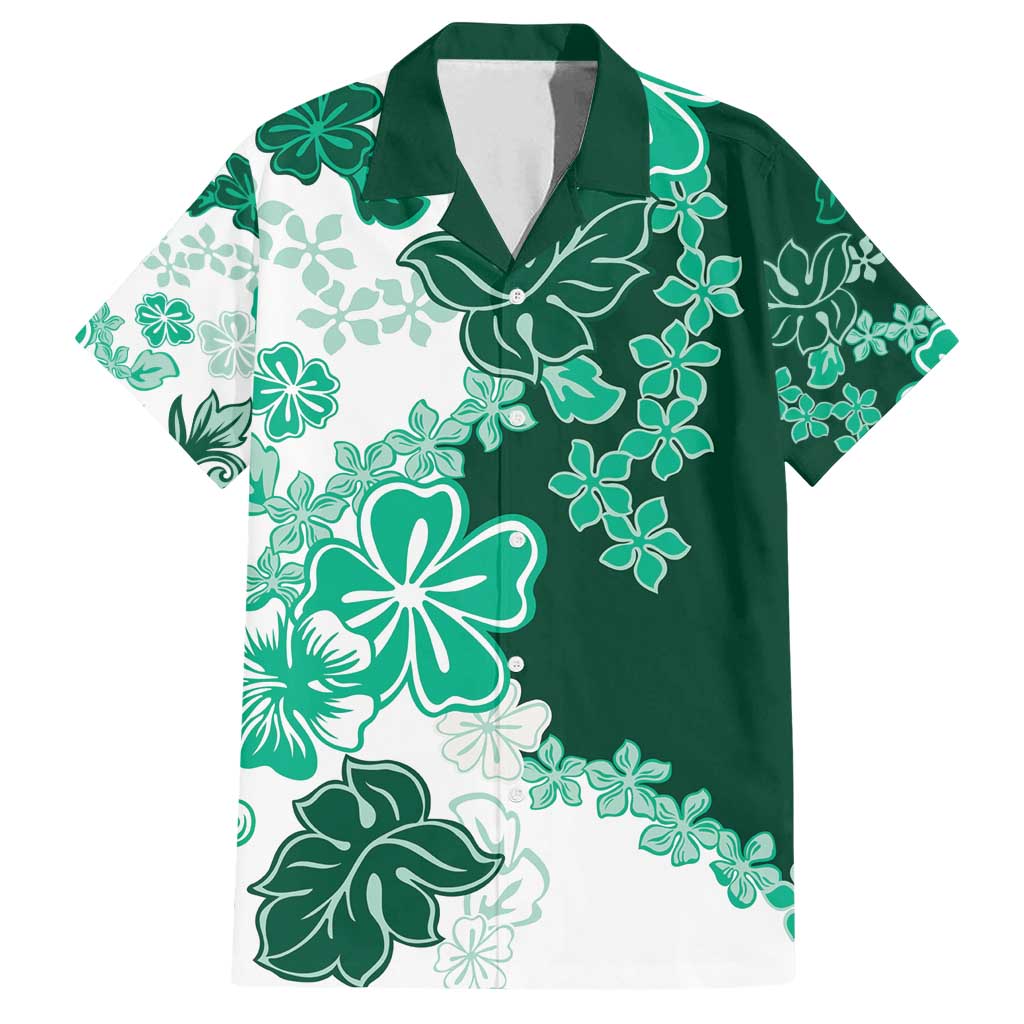 Green Hibiscus Plumeria Floral Family Matching Off Shoulder Maxi Dress and Hawaiian Shirt - Polynesian Pride