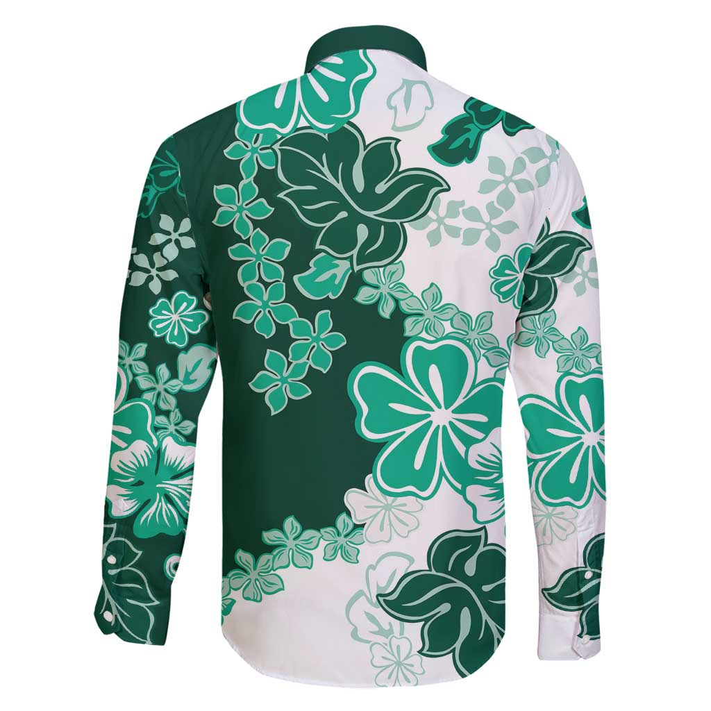 Green Hibiscus Plumeria Floral Family Matching Off Shoulder Maxi Dress and Hawaiian Shirt - Polynesian Pride
