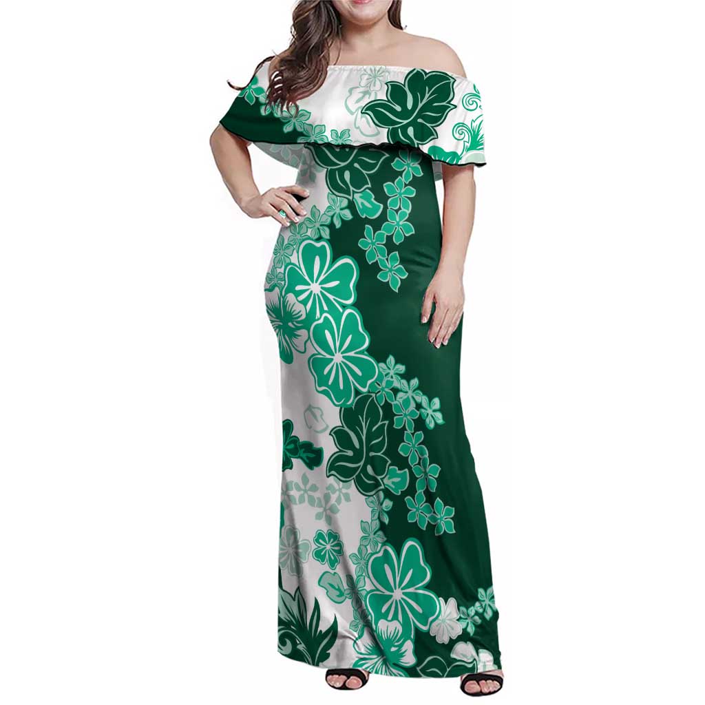 Green Hibiscus Plumeria Floral Family Matching Off Shoulder Maxi Dress and Hawaiian Shirt - Polynesian Pride