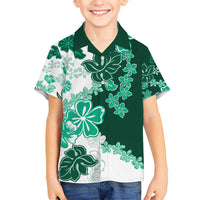Green Hibiscus Plumeria Floral Family Matching Off Shoulder Maxi Dress and Hawaiian Shirt - Polynesian Pride