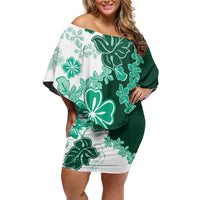 Green Hibiscus Plumeria Floral Family Matching Off Shoulder Short Dress and Hawaiian Shirt - Polynesian Pride