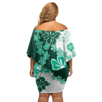 Green Hibiscus Plumeria Floral Family Matching Off Shoulder Short Dress and Hawaiian Shirt - Polynesian Pride