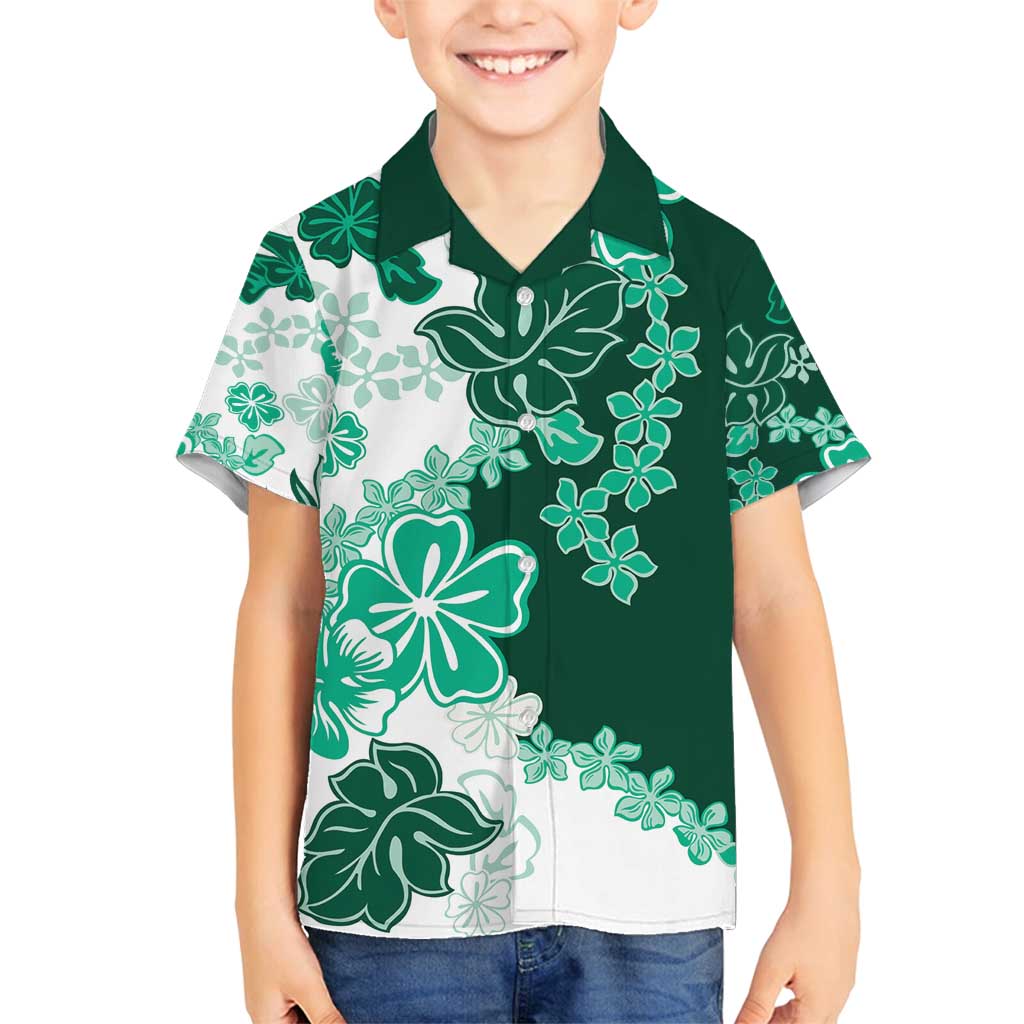 Green Hibiscus Plumeria Floral Family Matching Off Shoulder Short Dress and Hawaiian Shirt - Polynesian Pride