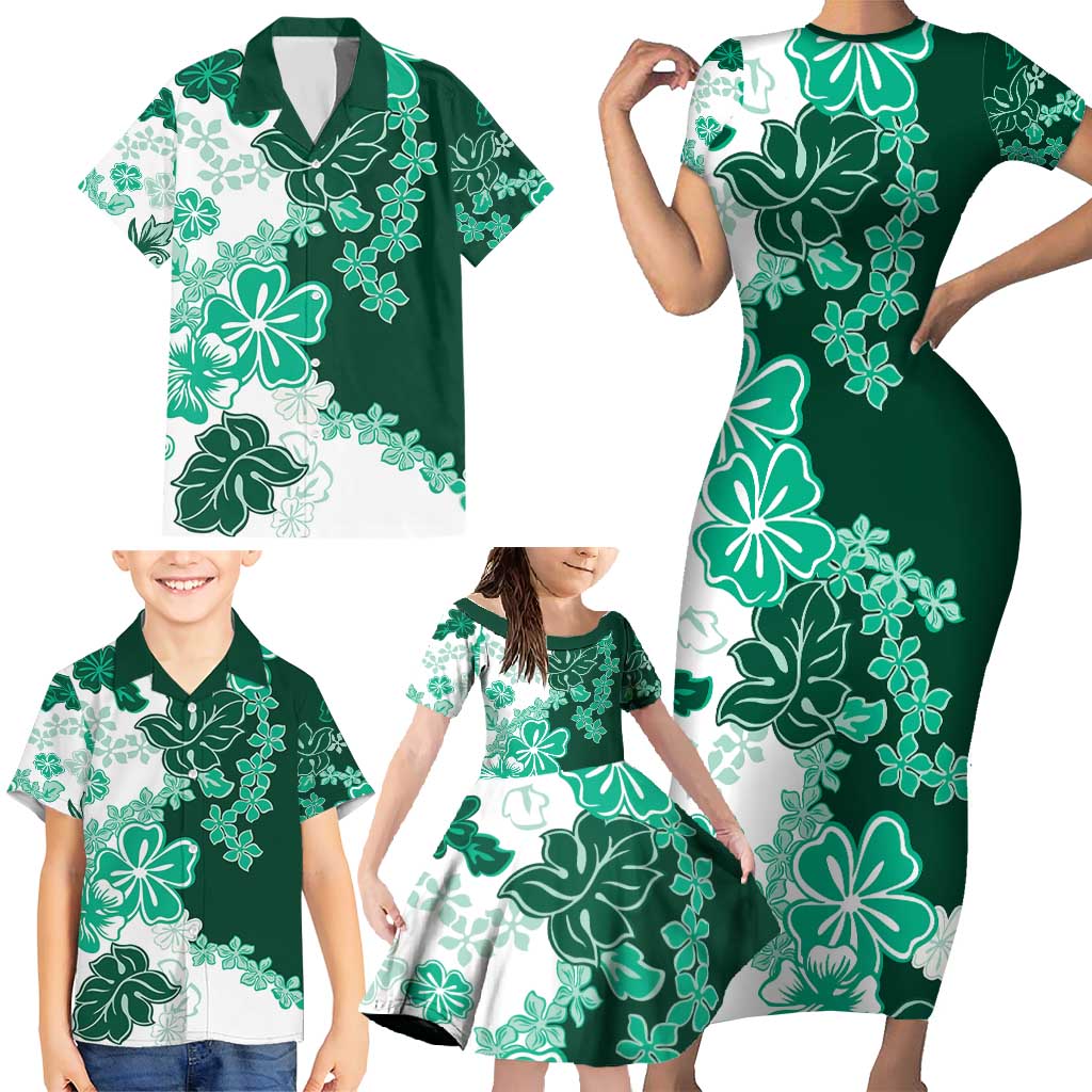 Green Hibiscus Plumeria Floral Family Matching Short Sleeve Bodycon Dress and Hawaiian Shirt - Polynesian Pride