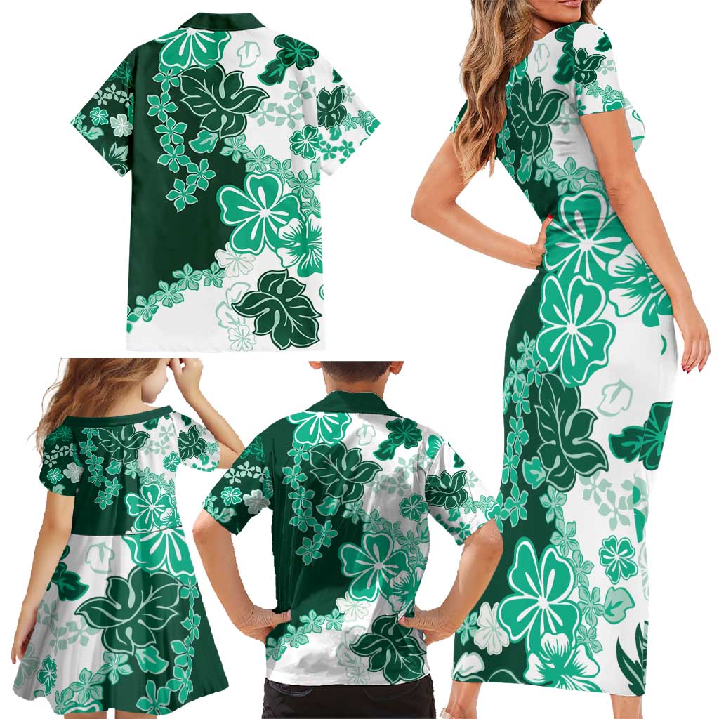 Green Hibiscus Plumeria Floral Family Matching Short Sleeve Bodycon Dress and Hawaiian Shirt - Polynesian Pride
