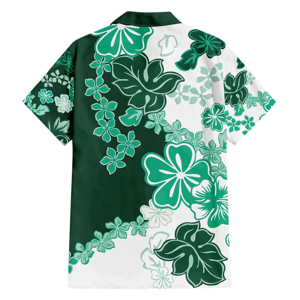 Green Hibiscus Plumeria Floral Family Matching Short Sleeve Bodycon Dress and Hawaiian Shirt - Polynesian Pride