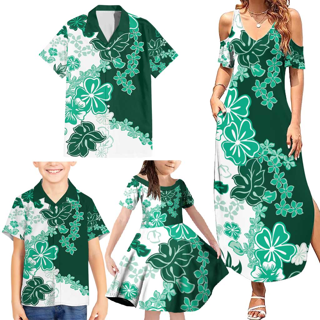 Green Hibiscus Plumeria Floral Family Matching Summer Maxi Dress and Hawaiian Shirt - Polynesian Pride