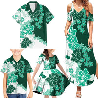 Green Hibiscus Plumeria Floral Family Matching Summer Maxi Dress and Hawaiian Shirt - Polynesian Pride