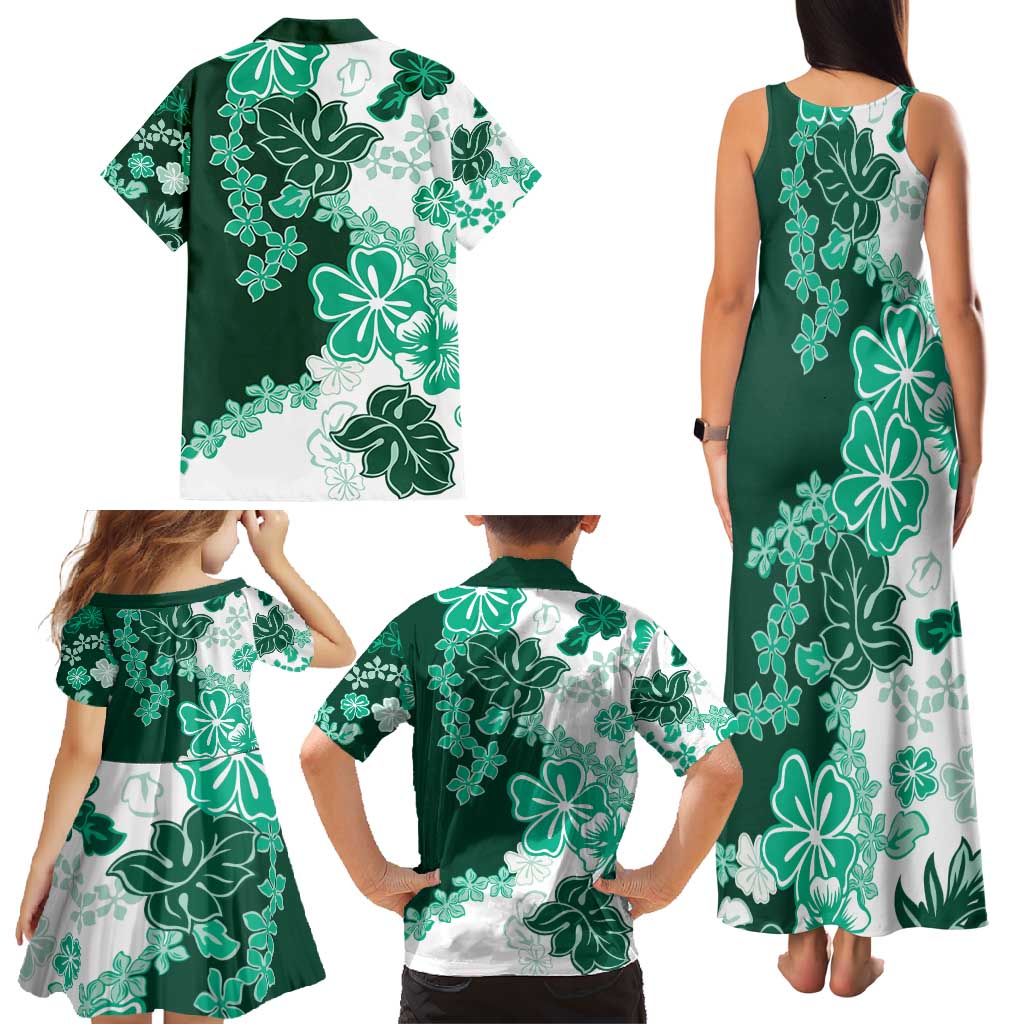 Green Hibiscus Plumeria Floral Family Matching Tank Maxi Dress and Hawaiian Shirt - Polynesian Pride