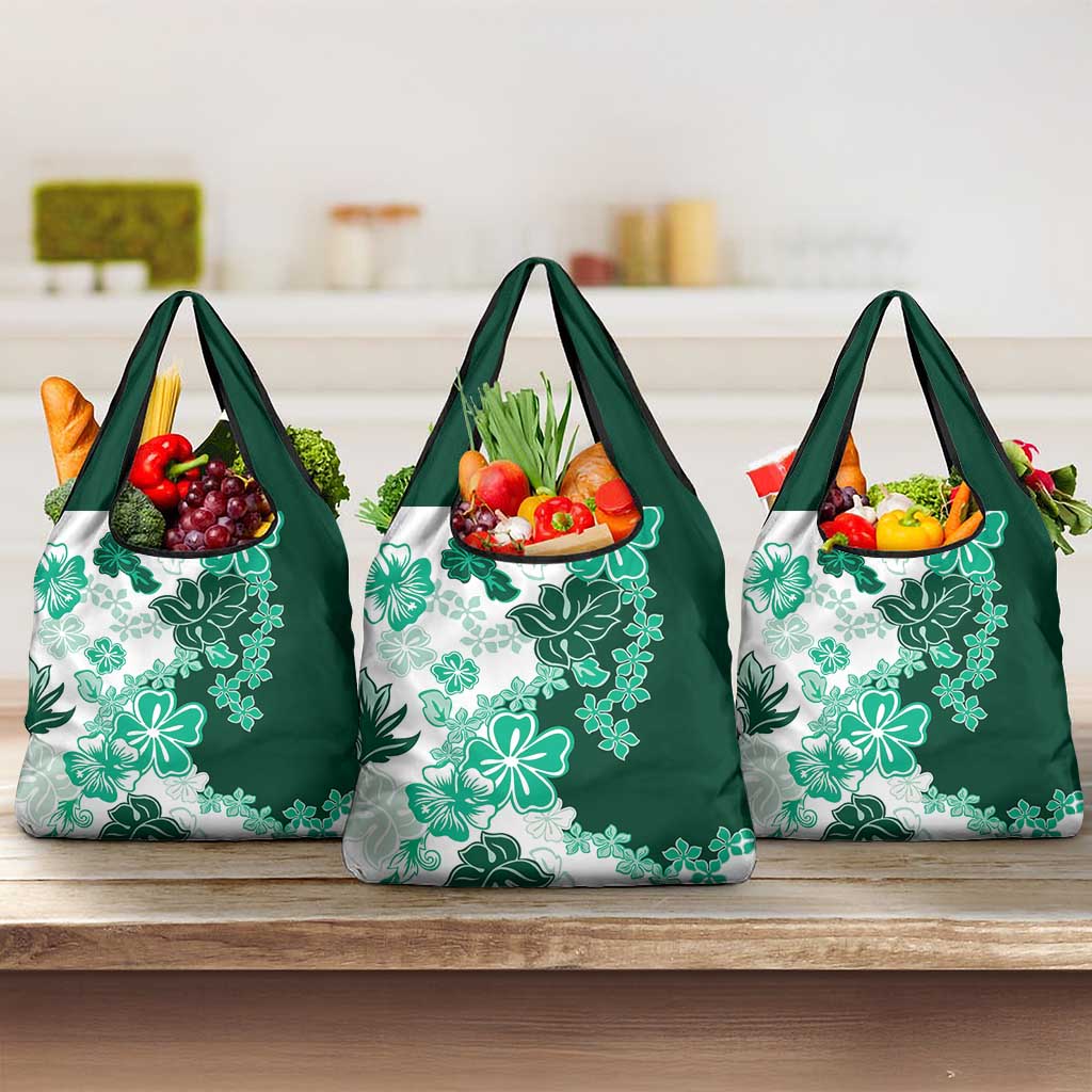 Green Hibiscus Plumeria Floral Grocery Bag - Polynesian Pride