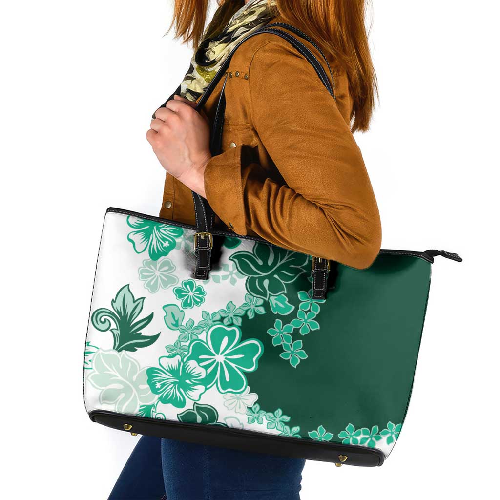 Green Hibiscus Plumeria Floral Leather Tote Bag - Polynesian Pride