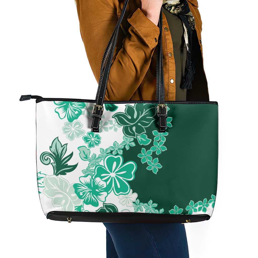 Green Hibiscus Plumeria Floral Leather Tote Bag - Polynesian Pride