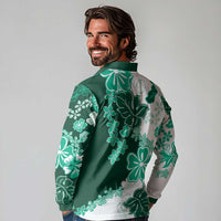Green Hibiscus Plumeria Floral Long Sleeve Polo Shirt LT01 - Polynesian Pride