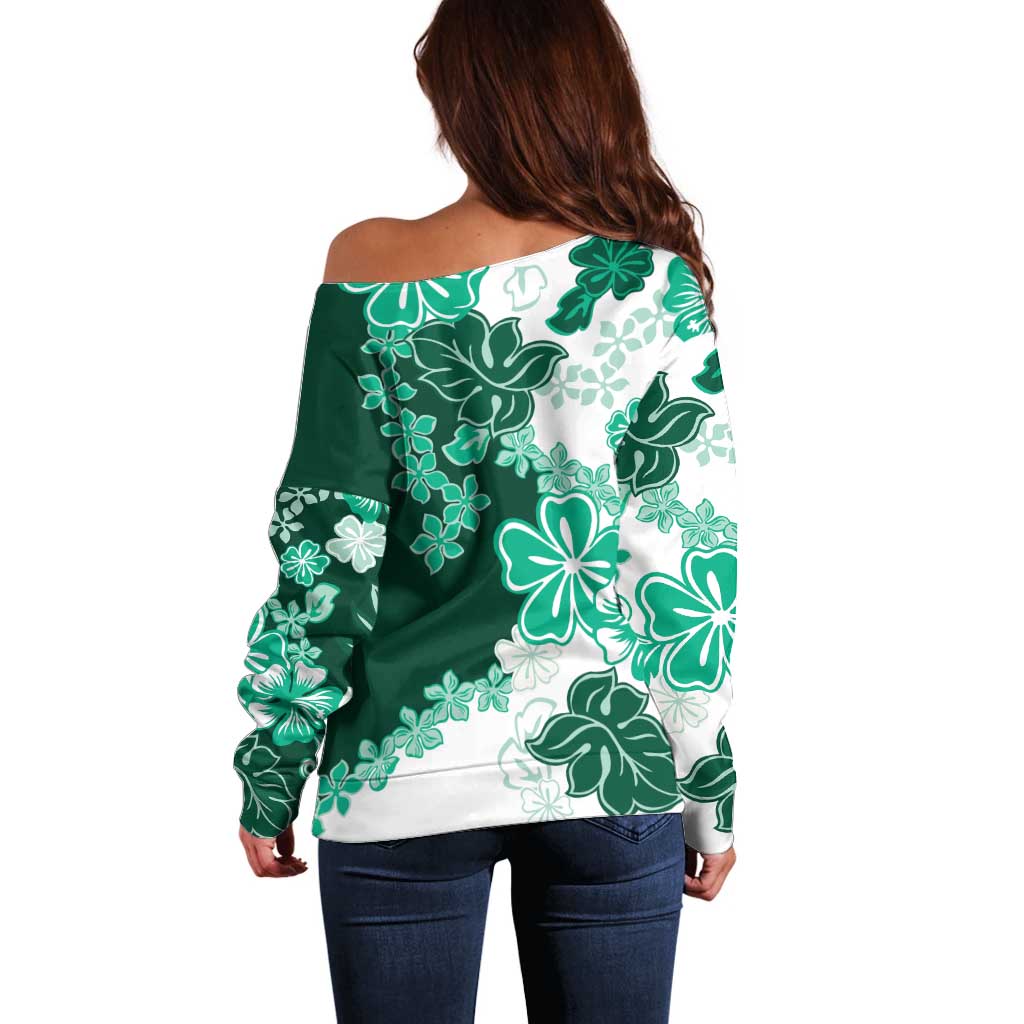 Green Hibiscus Plumeria Floral Off Shoulder Sweater - Polynesian Pride