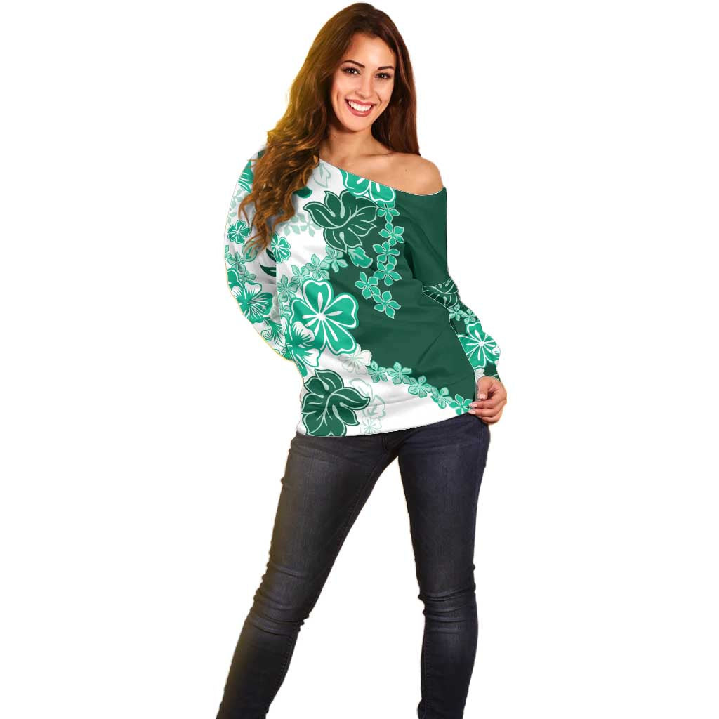Green Hibiscus Plumeria Floral Off Shoulder Sweater - Polynesian Pride